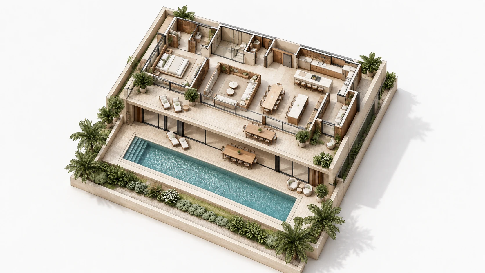 Maquete da residência completa, vista em perspectiva.